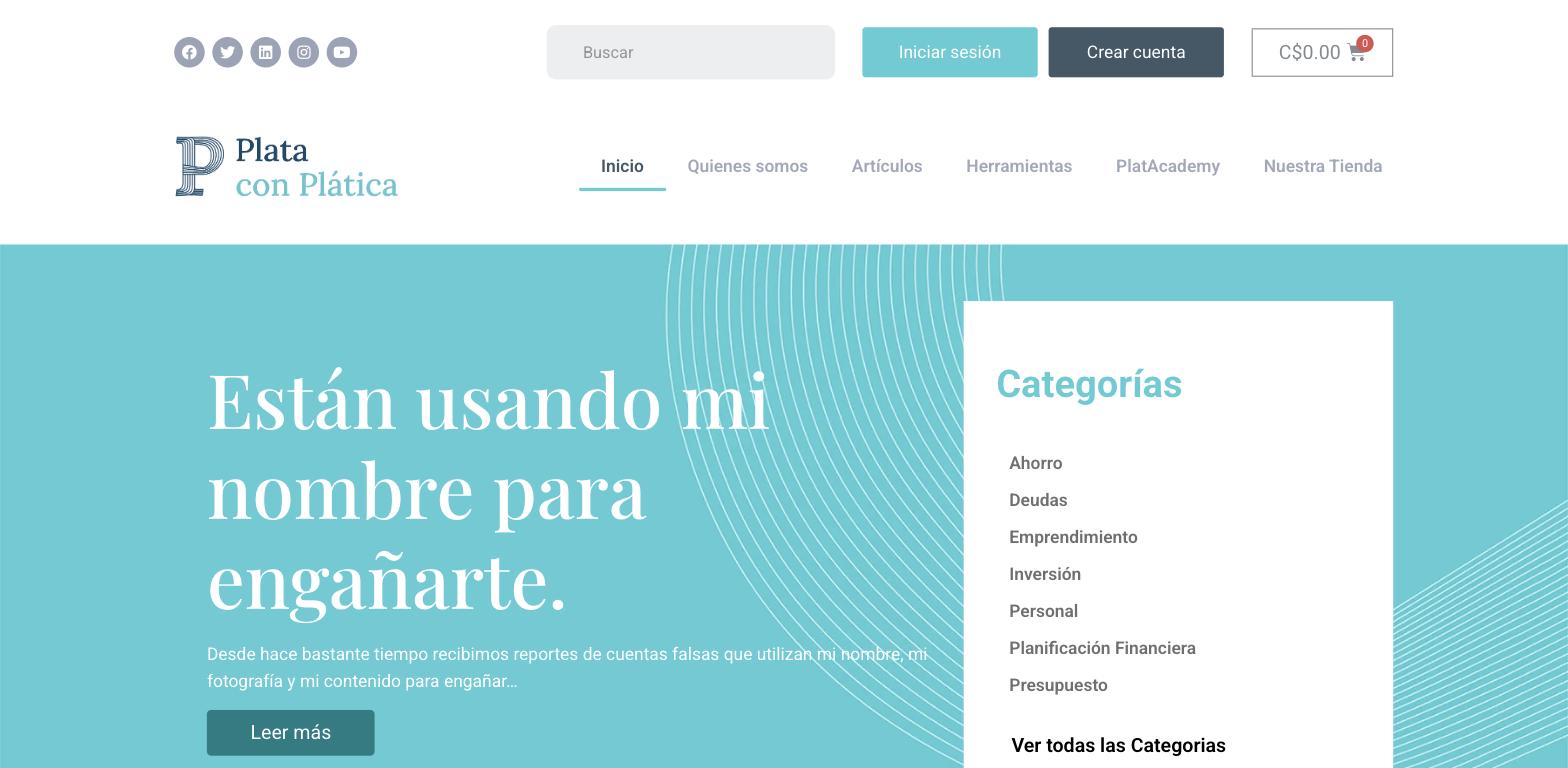 Captura de pantalla del sitio web Plata con Pl&aacute;tica